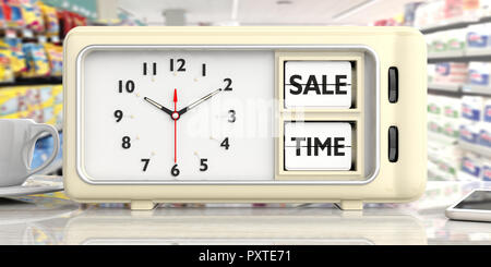 sales text on retro vintage alarm clock on a white desk against blurry shop background. 3d illustration. Stock Photo