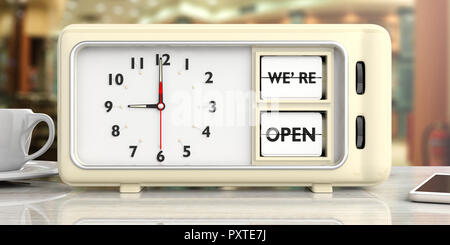 we are open text on retro vintage alarm clock on a white desk against blurry shop background. 3d illustration. Stock Photo