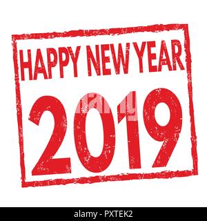 Happy new year 2019 sign or stamp on white background, vector illustration Stock Vector