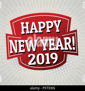 Happy new year 2019 label or sticker on grey background, vector illustration Stock Vector