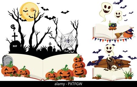 Three books with halloween scenes illustration Stock Vector