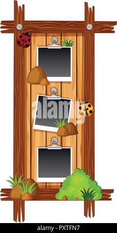 Three photo frames on wooden board in rectangle shape illustration Stock Vector