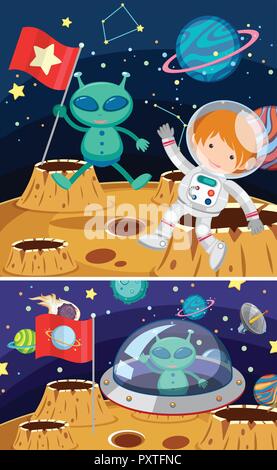 Background scene with astronaut and aliens in the space illustration ...
