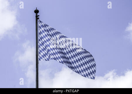 Bayerische Fahne flattert im Wind, Bavarian flag flutters in the wind, Bavaria, Bavarian, Flag, Flutters, Waving, Wind, Southern, Germany, Federal Sta Stock Photo