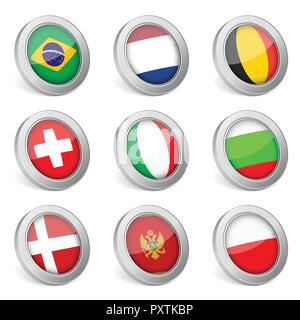 3D national flag icons on white background. Vector illustration. Stock Vector