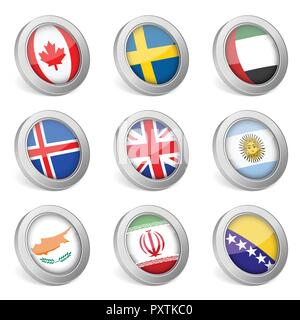 3D national flag icons on white background. Vector illustration. Stock Vector