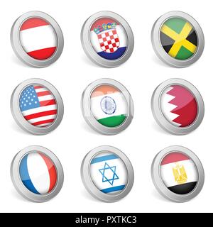 3D national flag icons on white background. Vector illustration. Stock Vector