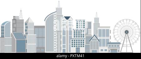 Tall buildings and ferris wheel on white background illustration Stock Vector