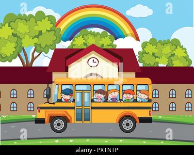 School Bus Parking in Front of School illustration Stock Vector