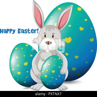 Easter poster design with cute bunny and blue eggs illustration Stock Vector