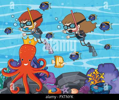 Scuba Diving in Underwater World illustration Stock Vector