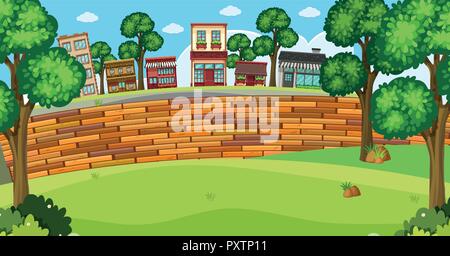 Background scene with buildings and brickwall illustration Stock Vector