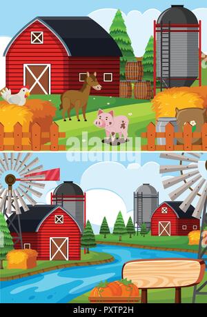 Farm scene with barns and river illustration Stock Vector Image & Art ...
