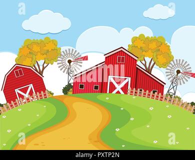 Farm scene with red barns and wind turbines illustration Stock Vector ...