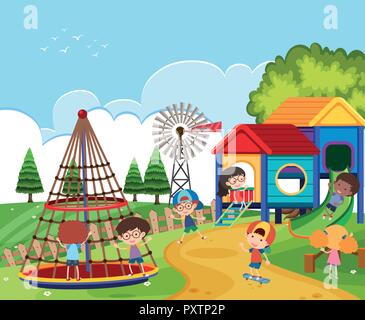 Scene with kids playing in the playground illustration Stock Vector