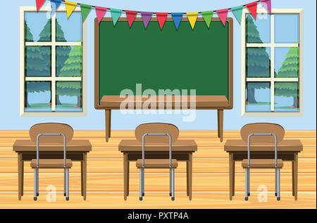 Classroom with desks and chalkboard illustration Stock Vector