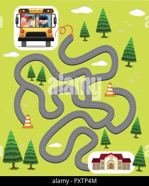 Maze game template with kids in school bus illustration Stock Vector