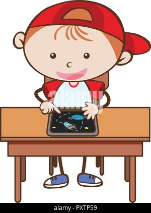 Doodle Kid Playing Tablet on White Background illustration Stock Vector