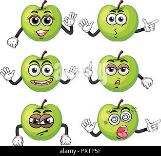 Green apples with six different emotions illustration Stock Vector