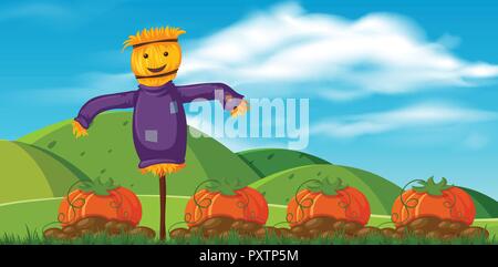 Funny Scarecrow in Pumpkin Farm  illustration Stock Vector