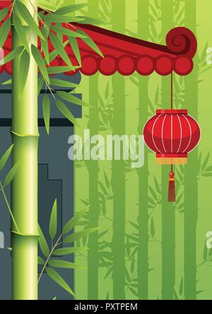 Chinese Building Green Bamboo Template illustration Stock Vector