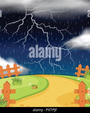Nature scene with lightning and rain  illustration Stock Vector