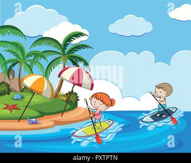 Doodle Kids on Holiday with Stand Up Paddle Board illustration Stock Vector