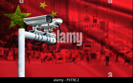 Smart surveillance cameras help automatically track identify almost every move in China. Machine Learning analytics face identify person technology ,  Stock Photo