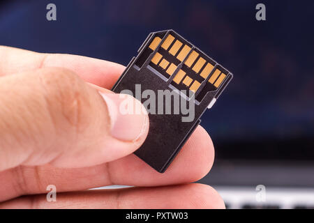Fast SD memory card holding by fingers Stock Photo - Alamy