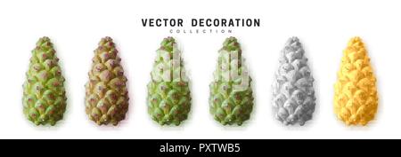 Realistic pine cones set isolated on white background Stock Vector