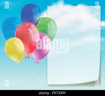 Banner template with colorful balloons in blue sky illustration Stock Vector