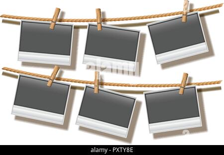 Photo frames hanging on rope illustration Stock Vector