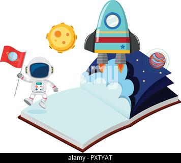 Astronaut and rocket in the book illustration Stock Vector