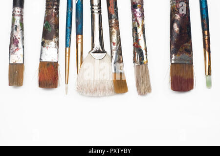 Isolated Multiple Used Paint Brushes Horizontal Stock Photo