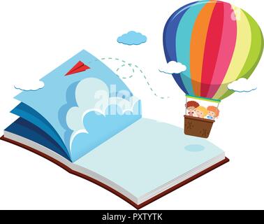 Children on balloon in blue book illustration Stock Vector