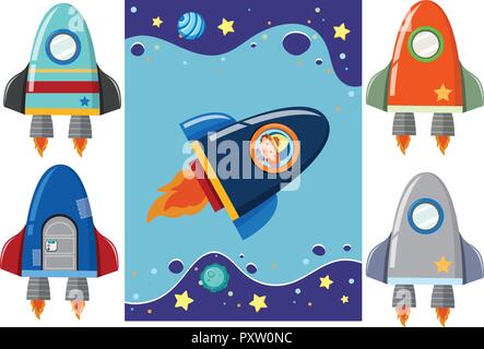 Boy in the rocket and different design of rockets illustration Stock Vector