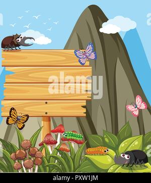 Wooden sign and many insects in garden illustration Stock Vector