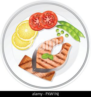 Salmon steak and vegetables on the plate illustration Stock Vector