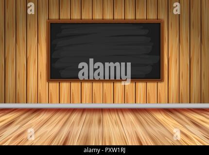 Room with blackboard on wooden wall illustration Stock Vector