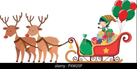 Elf riding on sledge with two reindeers illustration Stock Vector