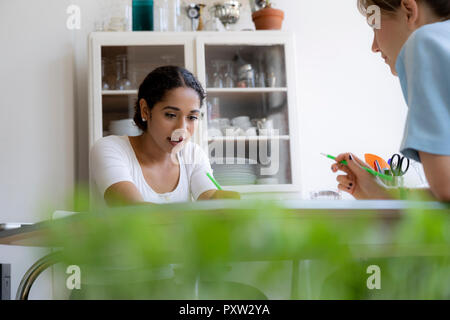 Two friends working at home together Stock Photo