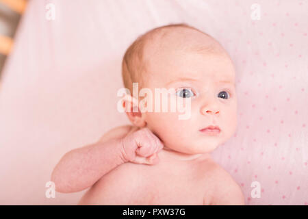 Portrait of sleeping newborn baby girl in the cradle. Stock Photo