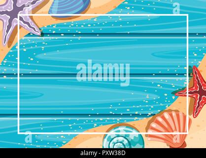 Border template with starfish and seashells on shore illustration Stock Vector
