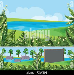 Background scenes with hippo in the river illustration Stock Vector