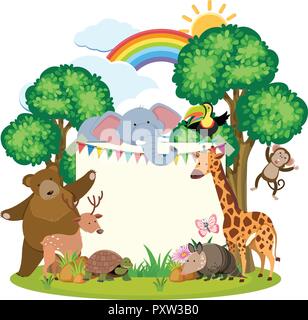 Border template design with cute animals in forest illustration Stock ...