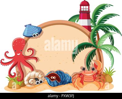 Border template with sea animals and lighthouse illustration Stock Vector