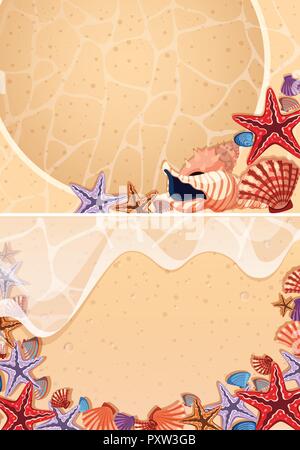 Two backgrounds with seashells on the beach illustration Stock Vector
