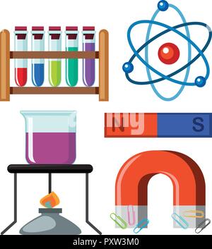 Different science equipments on white background illustration Stock Vector