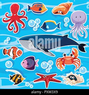Sticker template with many sea animals illustration Stock Vector