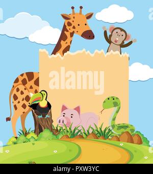 Border template design with cute animals on island illustration Stock ...